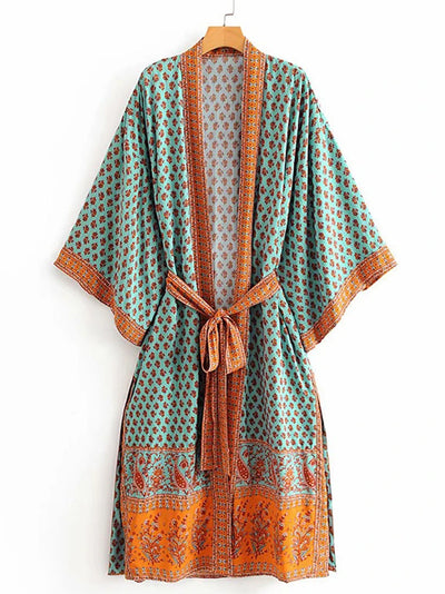 Evatrends cotton gown robe printed kimonos, Outerwear, : 90% Cotton, 10% Viscose, Nightwear, long kimono, Board Sleeves, loose fitting, Print with Eye-catching Contrast