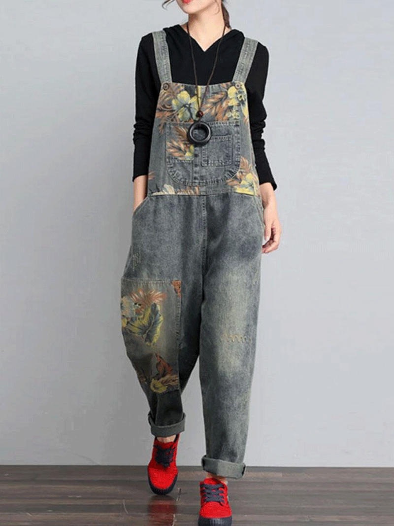 Dungarees cotton denim ripped jeans floral vintage retro style overall