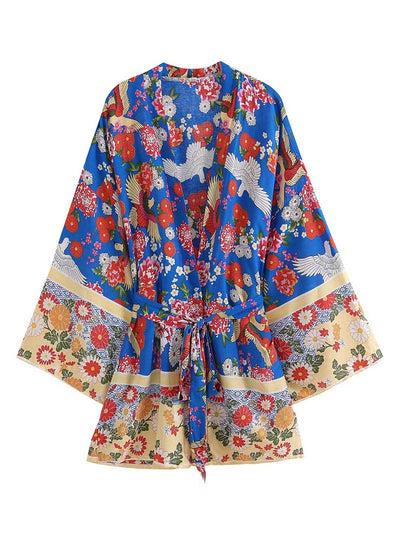 Nightwear Floral With Birds Print Short Kimono