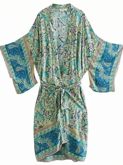 Evatrends cotton gown robe printed kimonos, Outerwear, cotton, Nightwear, long kimono, Board Sleeves, loose fitting, Floral Print with Paisley print, Belted