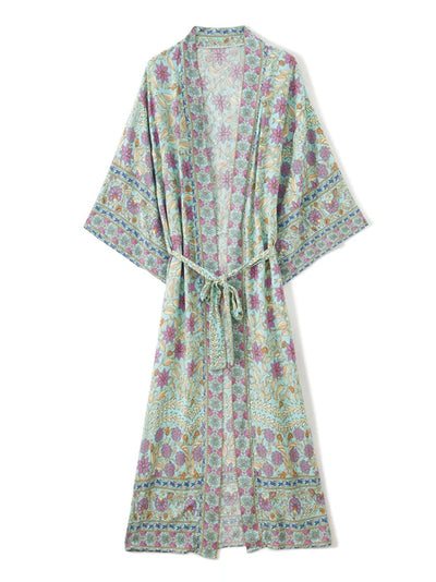 Evatrends cotton gown robe printed kimonos, Outerwear, Cotton, V. Neck, Nightwear, long kimono, Kimono Broad sleeves, loose fitting, Floral Print, Belted