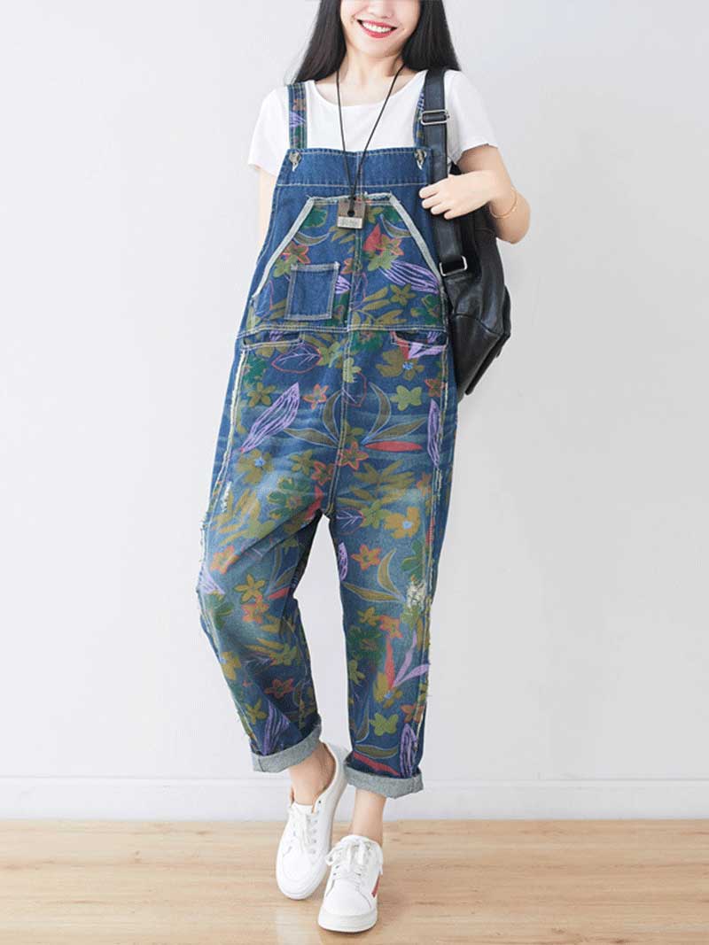 Dungarees, cotton, denim, ripped jeans, floral, vintage, retro style, overall, Wild