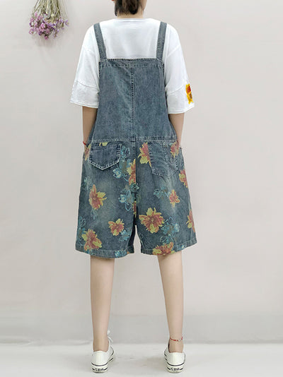 Dungarees cotton denim ripped jeans floral vintage retro style overall