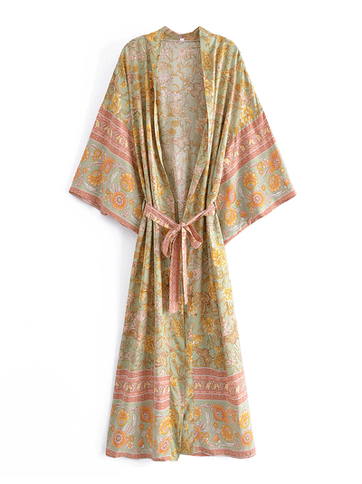 Evatrends cotton gown robe printed kimonos, Outerwear, cotton, Nightwear, long kimono, Board Sleeves, loose fitting, Floral Print, Belted