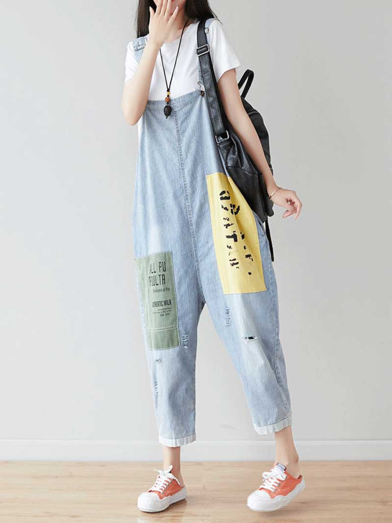 Dungarees cotton denim ripped jeans floral vintage retro style overall, Denim Cotton 91%-99%, Adjustable Straps, Cropped Pant