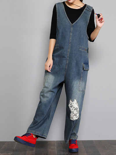 Dungarees cotton denim ripped jeans floral vintage retro style overall