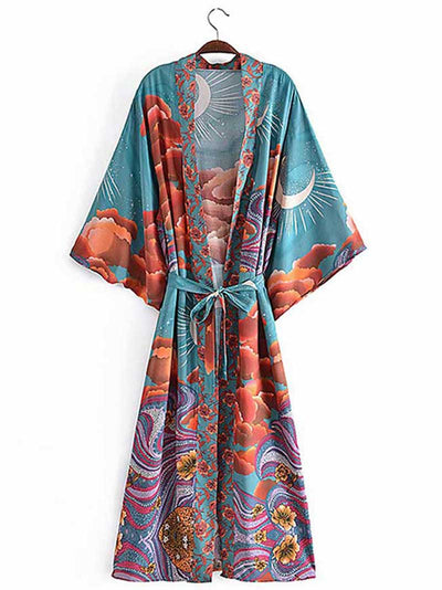 Evatrends cotton gown robe printed kimonos, Outerwear, Silk, Nightwear, long kimono, long Sleeves, loose fitting, floral print, Plant flower, Belted