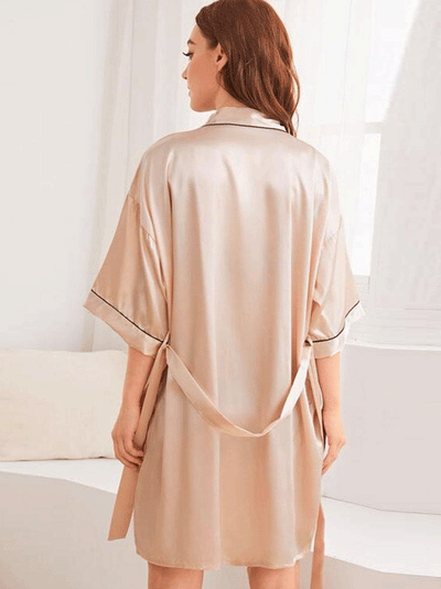 Evatrends cotton gown robe printed kimonos, Outerwear, Silk, Nightwear, Short kimono, Short Sleeves, Beige, loose fitting, Plain, Belted