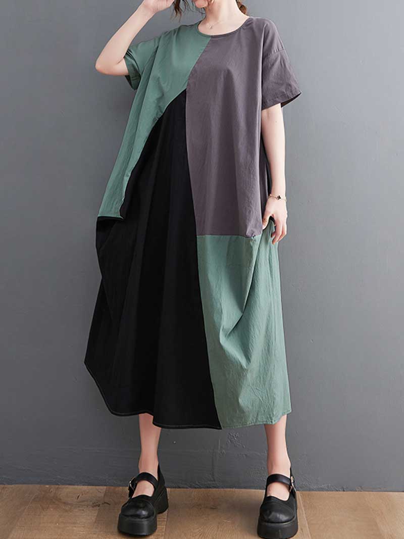 Plain Cotton Short Sleeves A-Line Dress