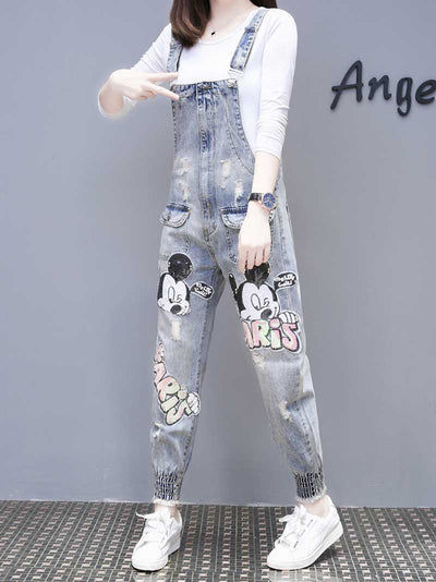Dungarees cotton denim jeans ,vintage retro style overall, Adjustable straps, Printed. Double side pockets, Mickey Mouse print
