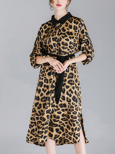 Ivy Vintage Contrasting Lapel Neck Animal Print Buttoned Belted Midi Dress