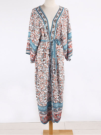 Evatrends cotton gown robe printed kimonos, Outerwear, Cotton, Nightwear, long kimono, Kimono Broad sleeves with armpit opening, loose fitting, Floral Print, Belted