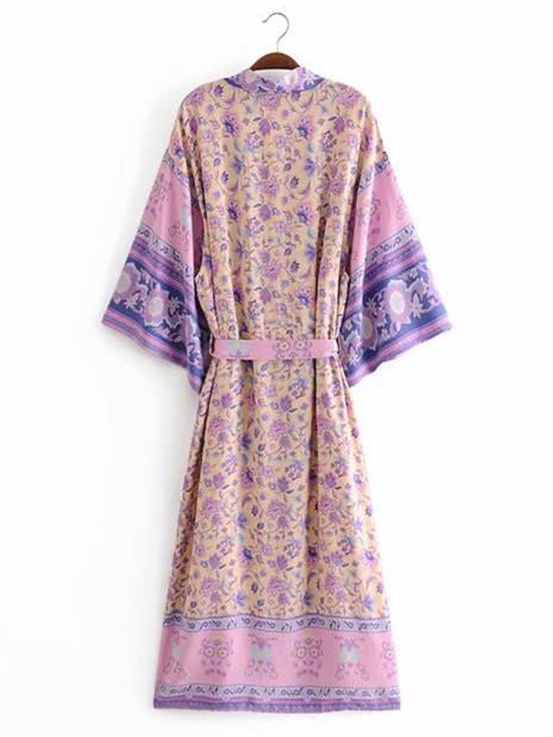 Evatrends cotton gown robe printed kimonos, Outerwear, Cotton, Nightwear, long kimono, Board Sleeves, loose fitting, Floral print, Belted