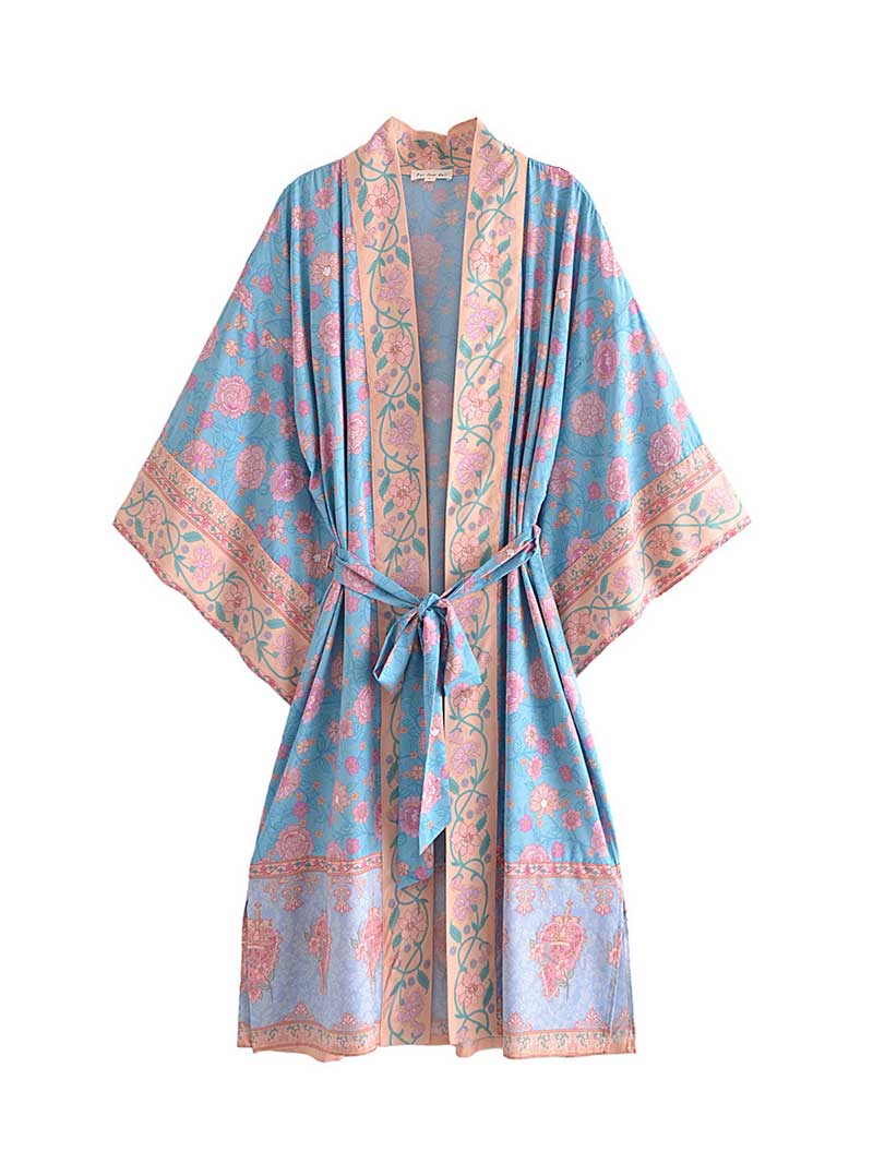 Printed Multicolor Chiffon Long Length Gown Kimono Duster Robe