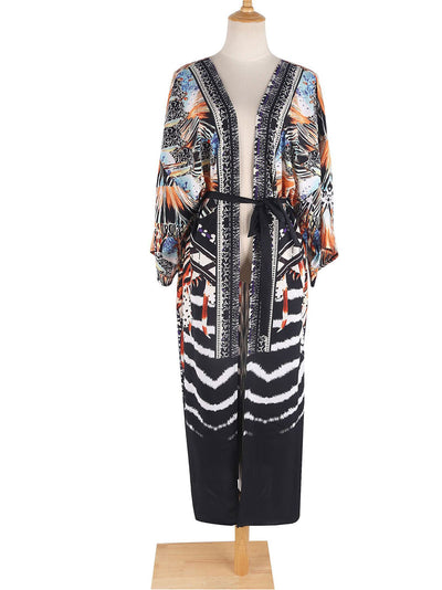 Evatrends cotton gown robe printed kimonos, Outerwear, polyester, Nightwear, long kimono, long Sleeves, loose fitting, printed, Belted
