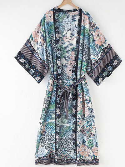 Evatrends cotton gown robe printed kimonos, Outerwear, Cotton, long sleeves, Birds print, Nightwear, long kimono, Board Sleeves, loose fitting, Printed, , belted