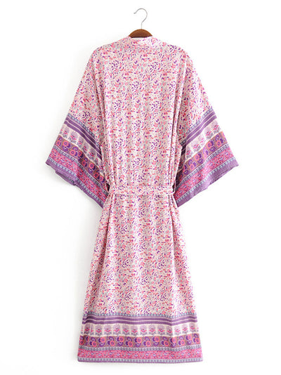 Evatrends cotton gown robe printed kimonos, Outerwear, cotton, Nightwear, long kimono, Board Sleeves, loose fitting, Floral Print , Belted