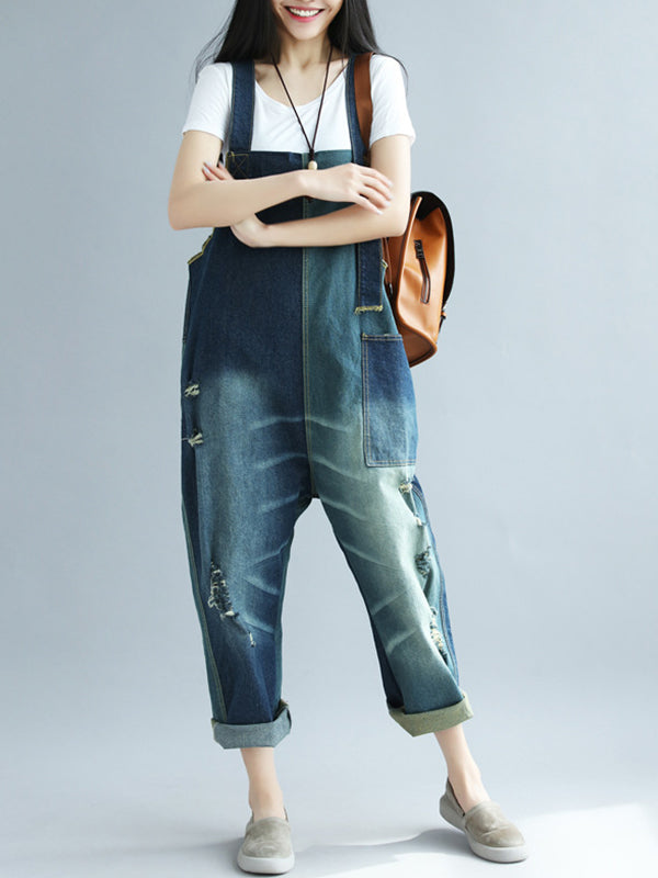 Dungarees, cotton denim, ripped jeans, vintage retro style overall, Ripped, pockets, Short sleeves