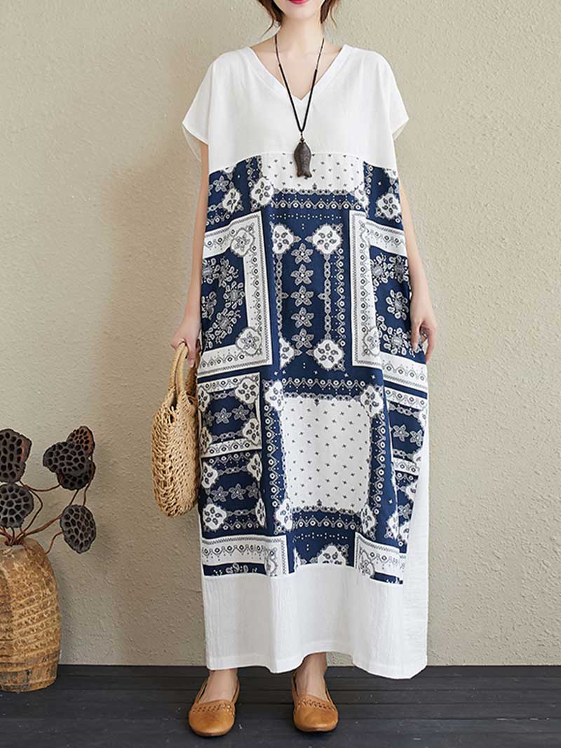 Printed White Short Sleeves Kaftan Dress