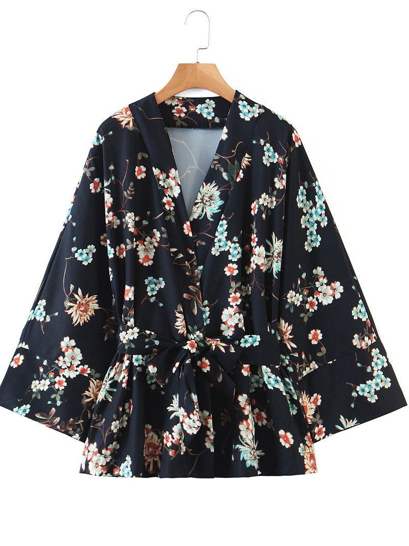 Evatrends cotton gown robe printed kimonos, V-Collar, Outerwear, Polyester, Nightwear, Short kimono, Board Sleeves, Black, loose fitting, Floral Print