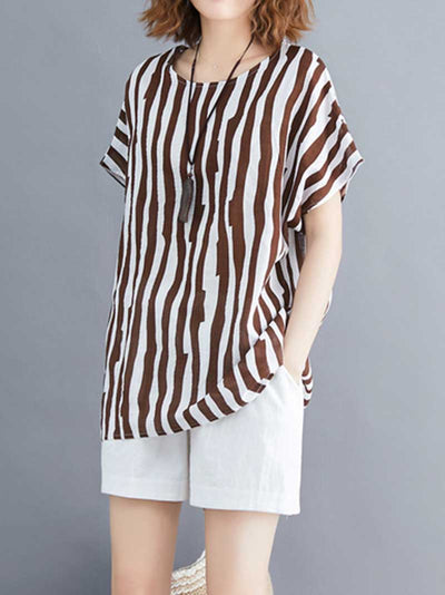 Evatrends Cotton Linen Top, Summer wear, Short sleeves, Stripped top, Round Neck, T-shirt Top, Wear With Jeans pant or Trouser