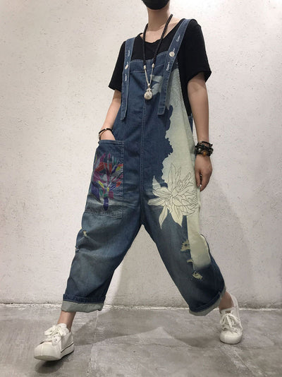 Dungarees cotton denim ripped jeans floral vintage retro style overall