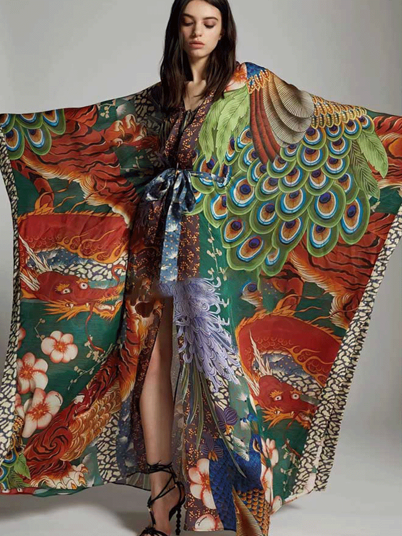 Evatrends cotton gown robe printed kimonos, Outerwear, party wear, Polyester, Nightwear, long kimono, Bat sleeves, long Sleeves, loose fitting, peacock print, Belted