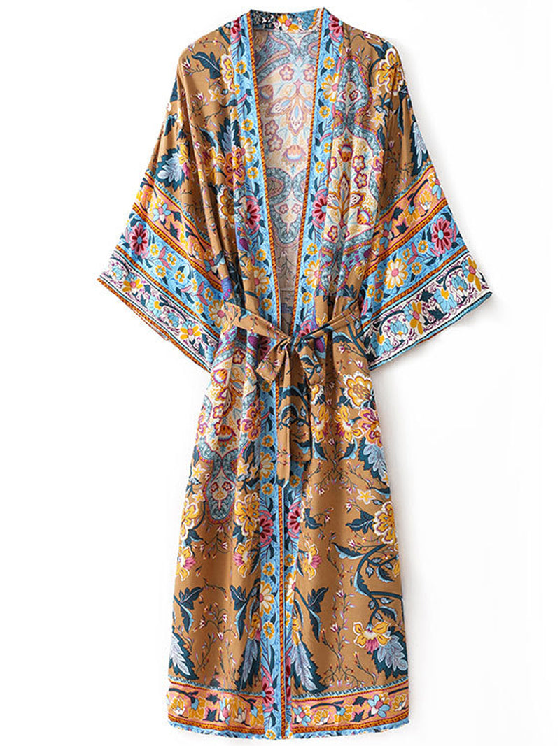 Evatrends cotton gown robe printed kimonos, Outerwear, Cotton, V. Collar, Nightwear, long kimono, Kimono Broad sleeves, loose fitting, Floral Print, Belted