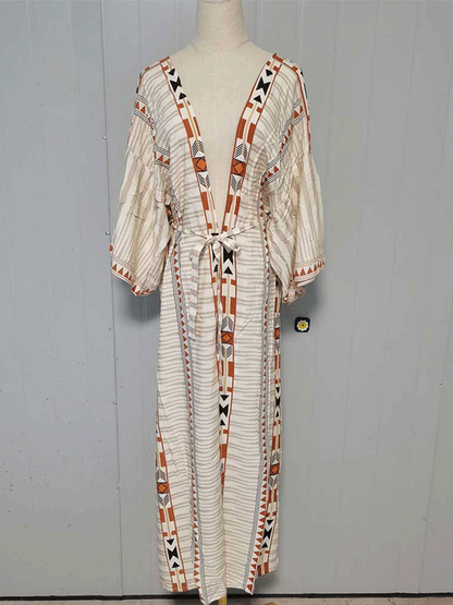 Evatrends cotton gown robe printed kimonos, Outerwear, polyester, Nightwear, long kimono, Board Sleeves, loose fitting, printed, Belted