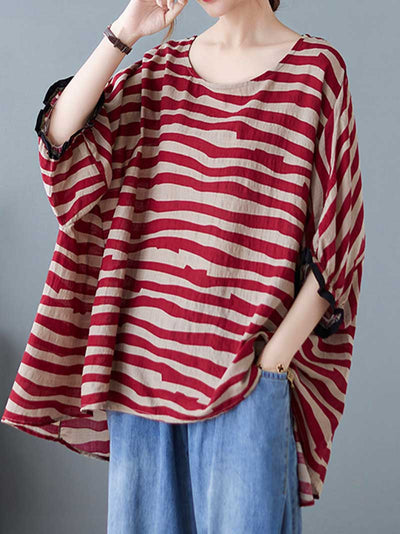 Stripes Print Round-Neck Doll Sleeves Top