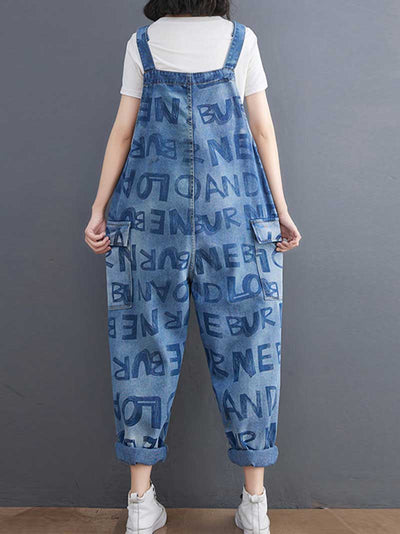 Denim Alphabets Letter Print Overalls Dungaree