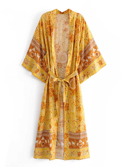 Swimwear Floral Printed Yellow Long Kimono