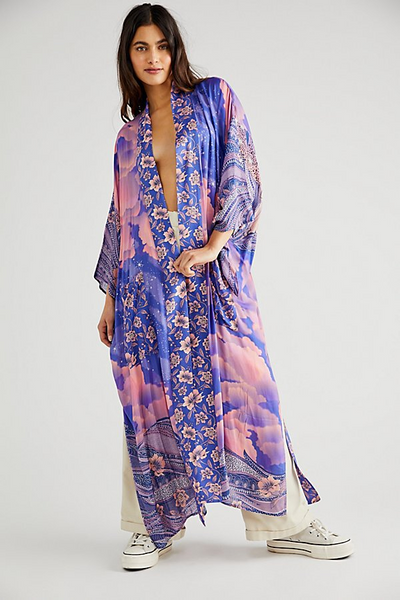 Evatrends cotton gown robe printed kimonos, Outerwear, Silk, Nightwear, long kimono, Long Sleeves, loose fitting, Floral Print, Belted