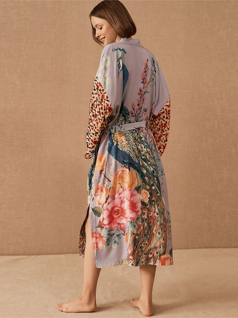 Evatrends cotton gown robe printed kimonos, Party wear, Gown style, Outerwear, Polyester, Nightwear, Long kimono, Board Sleeves, Multicolor, loose fitting, Peacock Print