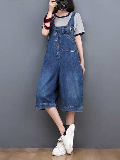 Womens Summer Dungarees Holiday Overalls Shorts Jeans Pockets Loose Casual Jumpsuit