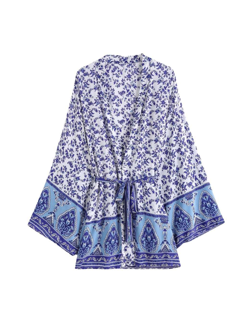 Evatrends cotton gown robe printed kimonos, V-Collar, Outerwear, Cotton, Nightwear, Short kimono, Long Sleeves, Blue, loose fitting, Printed, Belted, Floral