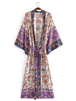 Evatrends cotton gown robe printed kimonos, Outerwear, cotton, Nightwear, long kimono, Long Sleeves, loose fitting, V collar, Floral Print, Belted