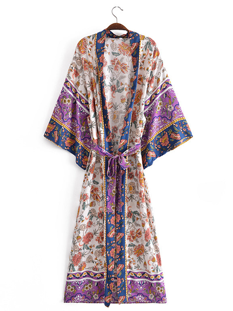 Evatrends cotton gown robe printed kimonos, Outerwear, cotton, Nightwear, long kimono, Long Sleeves, loose fitting, V collar, Floral Print, Belted