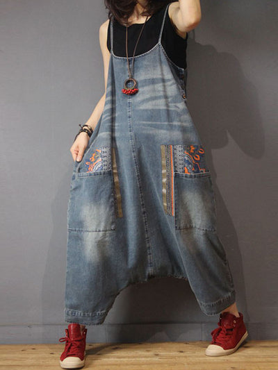 Dungarees cotton denim ripped jeans floral vintage retro style overall