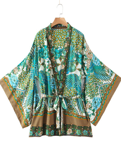 Evatrends cotton gown robe printed kimonos, Outerwear, Cotton, Nightwear, Short kimono, short sleeves,  V collar, Broad Sleeves, Green, loose fitting, Printed, Belted, Floral