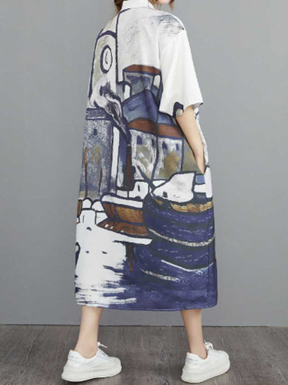  Abstract Art Print Cotton A-Line Shirt Dress