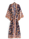 Evatrends cotton gown robe printed kimonos, Outerwear, Cotton, V-Collar, Nightwear, long kimono, long Sleeves, loose fitting, floral print, Belted