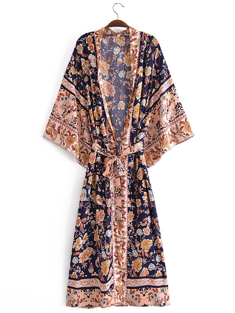 Evatrends cotton gown robe printed kimonos, Outerwear, Cotton, V-Collar, Nightwear, long kimono, long Sleeves, loose fitting, floral print, Belted