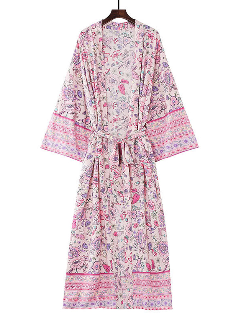 Evatrends cotton gown robe printed kimonos, Outerwear, Cotton, V.Collar, Nightwear, long kimono, Kimono Broad sleeves with armpit opening, loose fitting, Bohemian Floral, Belted