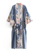 Evatrends cotton gown robe printed kimonos, Outerwear, Cotton, Viscose & Silk Mix, Nightwear, long kimono, Long Sleeves, loose fitting, Floral print, Big Bird on back Belted,