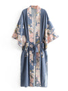 Evatrends cotton gown robe printed kimonos, Outerwear, Cotton, Viscose & Silk Mix, Nightwear, long kimono, Long Sleeves, loose fitting, Floral print, Big Bird on back Belted,