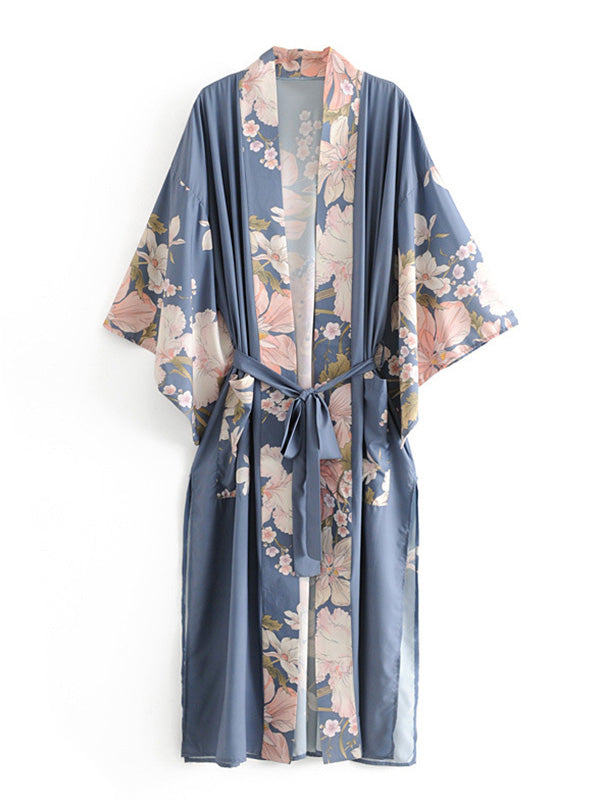 Evatrends cotton gown robe printed kimonos, Outerwear, Cotton, Viscose & Silk Mix, Nightwear, long kimono, Long Sleeves, loose fitting, Floral print, Big Bird on back Belted,