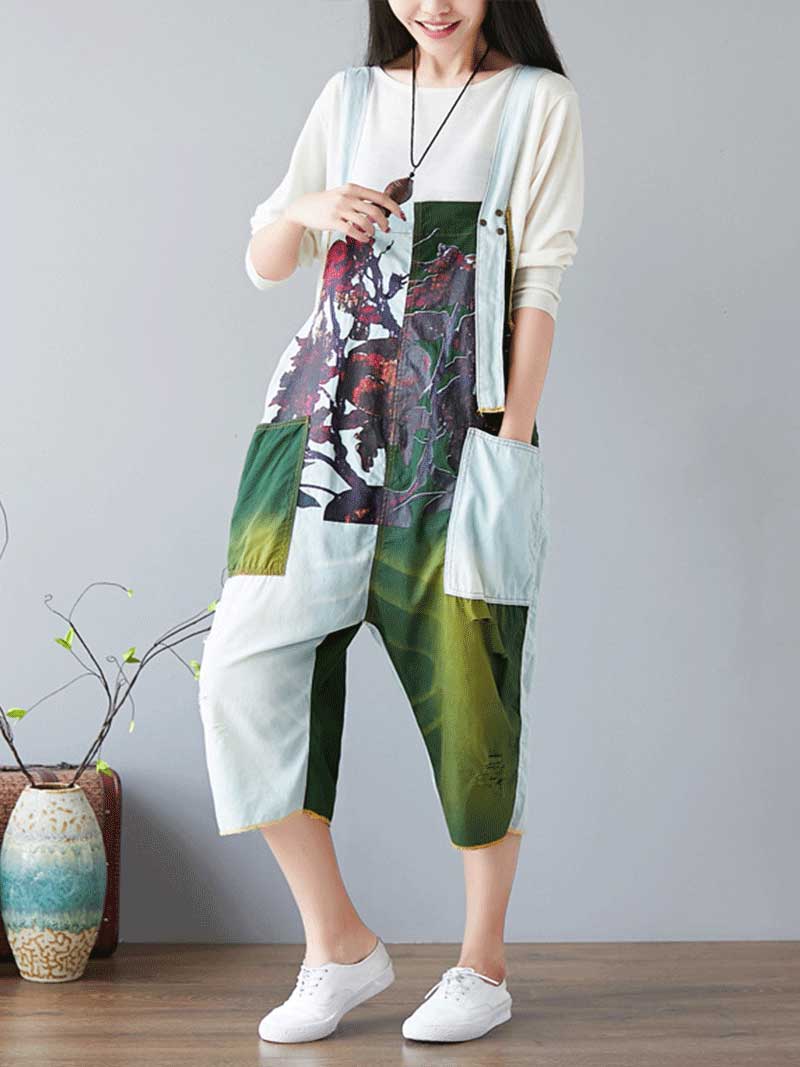 Colorblock Patch Cotton Overalls with Cropped Trousers