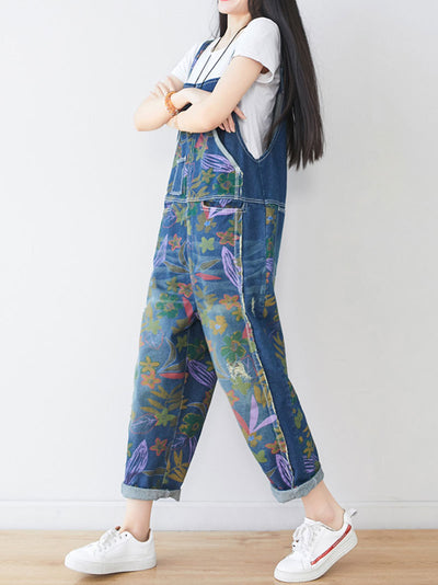 Dungarees cotton denim, floral, vintage retro style overall, Printed