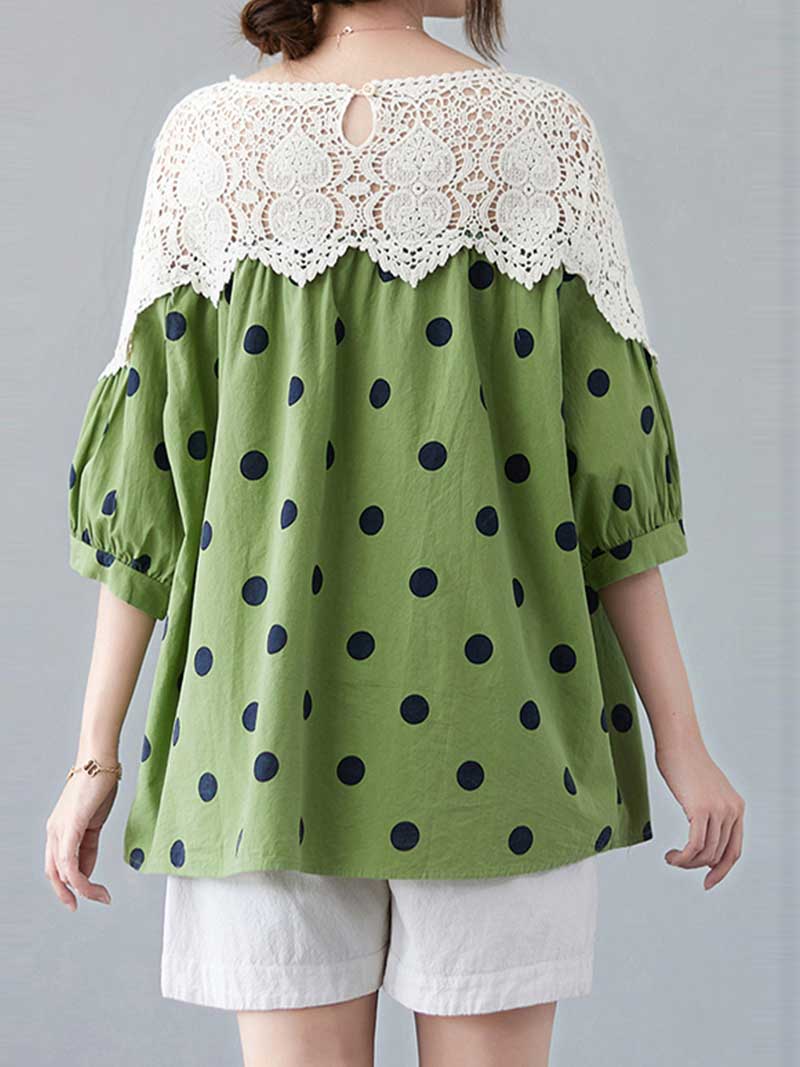 Printed Pola Dot Cotton Shirt Top With Puff Sleeves